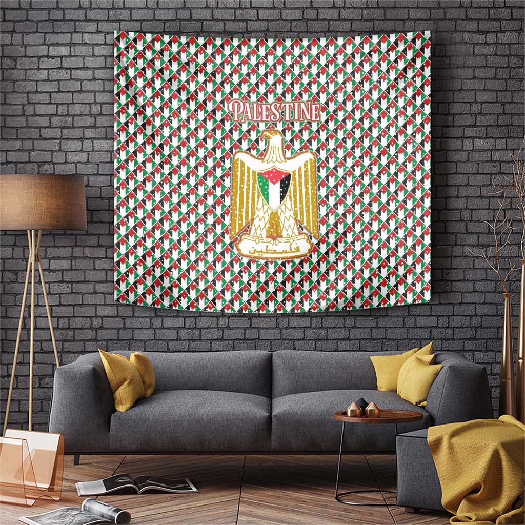 Palestine Christmas Tapestry with Red-Green Pattern, Golden Eagle Emblem, and Jesus Holding Flag Motif - Wonder Print Shop