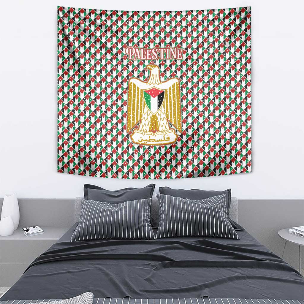 Palestine Christmas Tapestry with Red-Green Pattern, Golden Eagle Emblem, and Jesus Holding Flag Motif - Wonder Print Shop