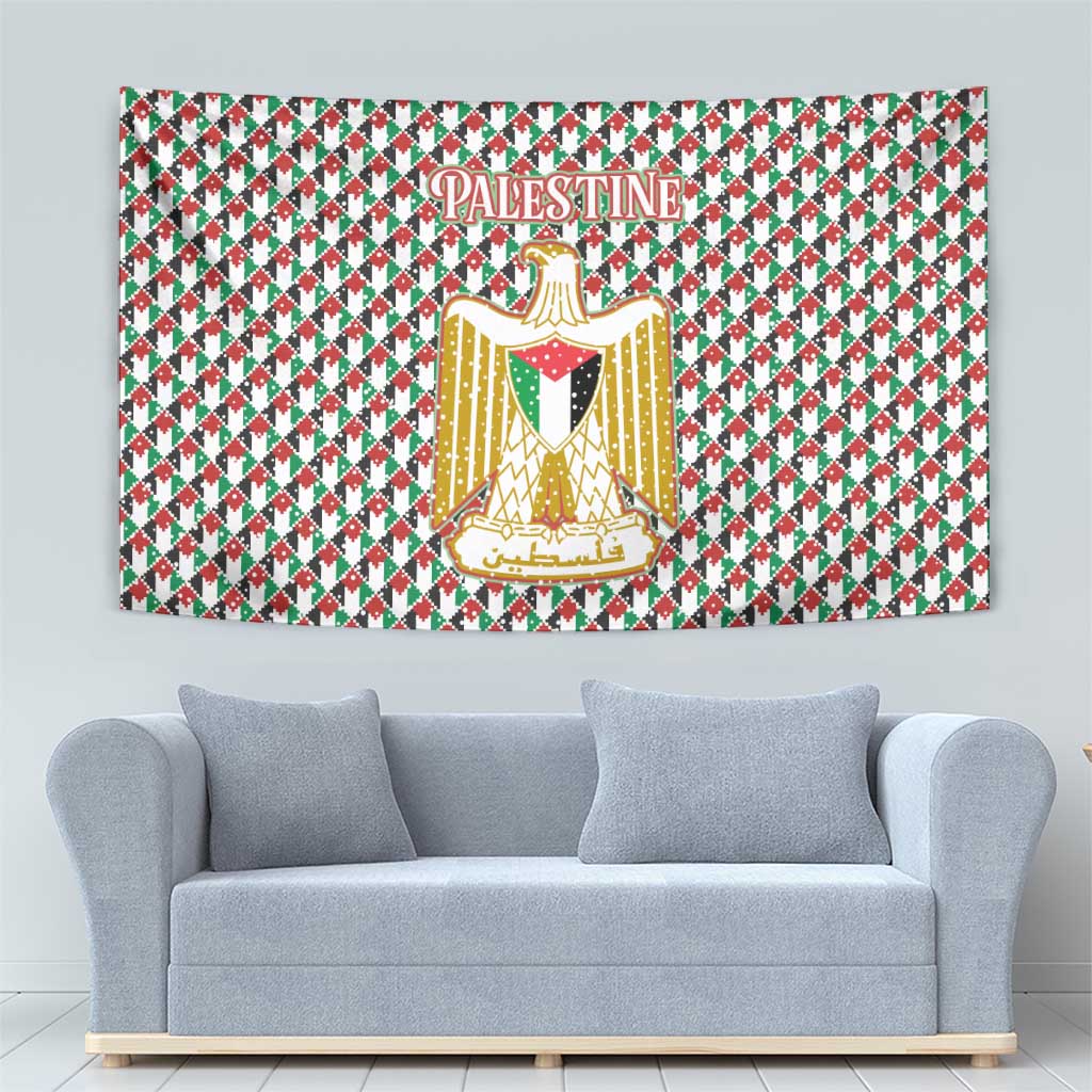 Palestine Christmas Tapestry with Red-Green Pattern, Golden Eagle Emblem, and Jesus Holding Flag Motif - Wonder Print Shop