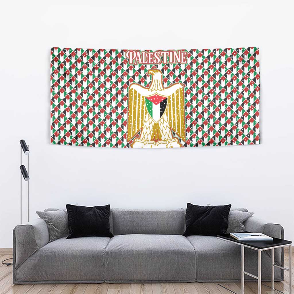 Palestine Christmas Tapestry with Red-Green Pattern, Golden Eagle Emblem, and Jesus Holding Flag Motif - Wonder Print Shop