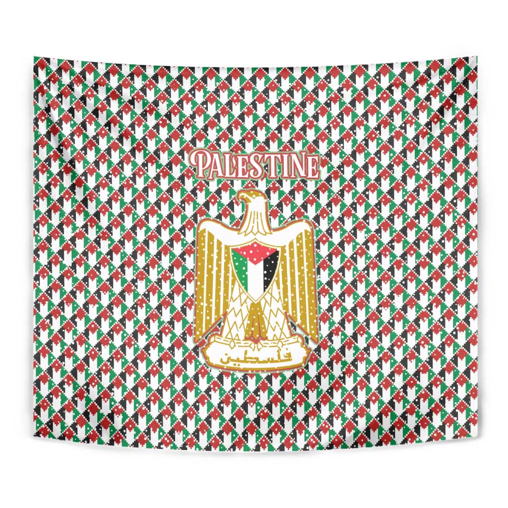 Palestine Christmas Tapestry with Red-Green Pattern, Golden Eagle Emblem, and Jesus Holding Flag Motif - Wonder Print Shop