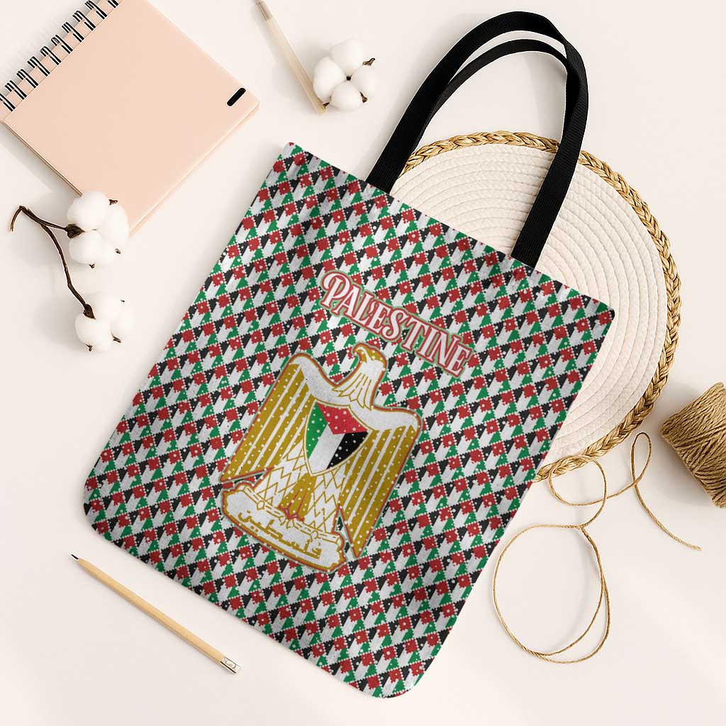 Palestine Christmas Tote Bag with Red-Green Pattern, Golden Eagle Emblem, and Jesus Holding Flag Motif - Wonder Print Shop