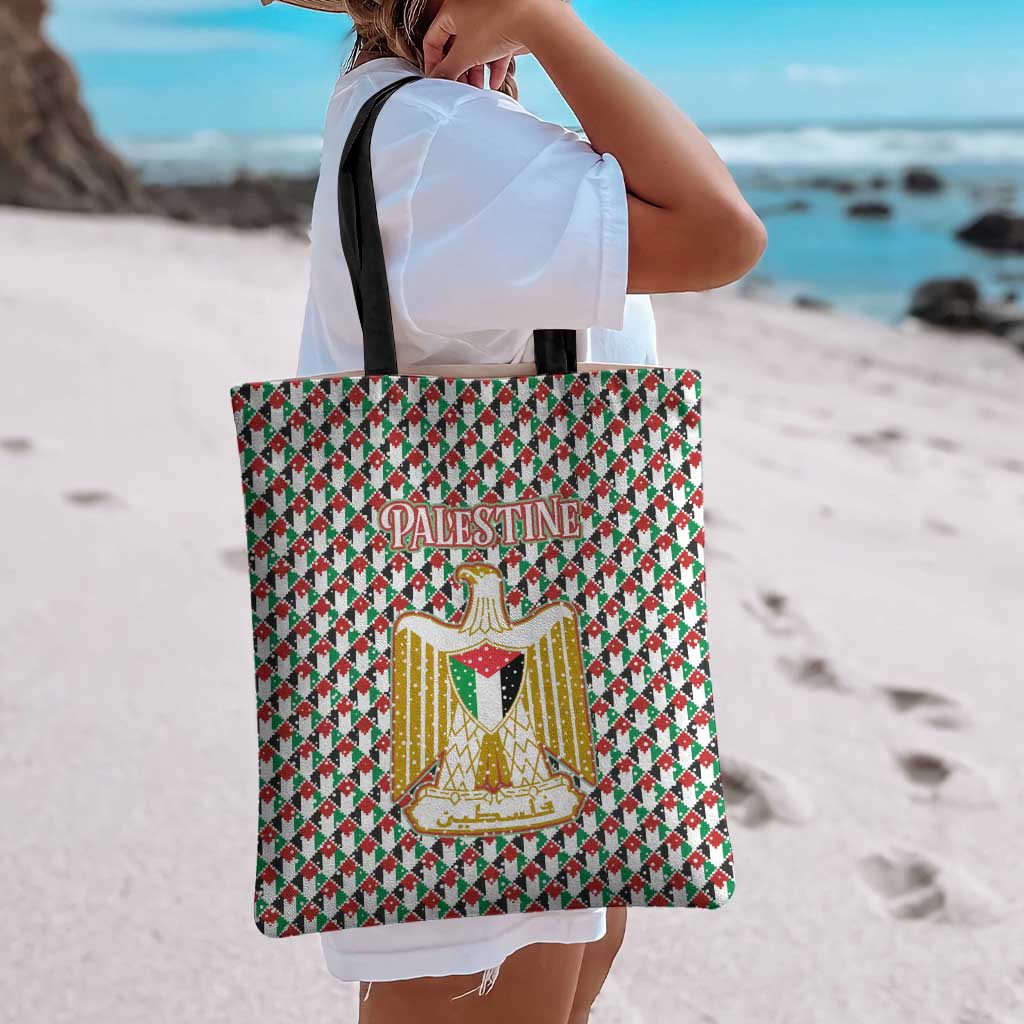 Palestine Christmas Tote Bag with Red-Green Pattern, Golden Eagle Emblem, and Jesus Holding Flag Motif - Wonder Print Shop