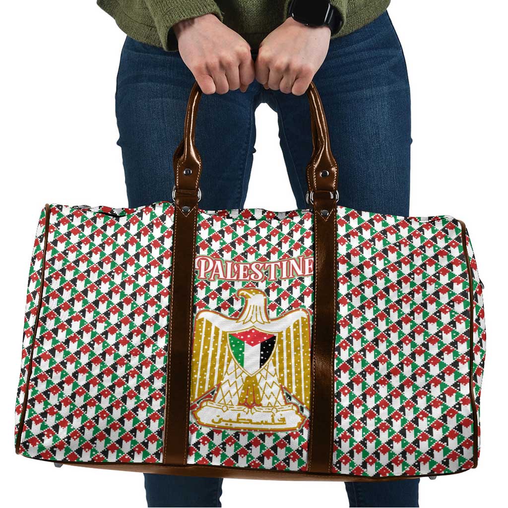 Palestine Christmas Travel Bag with Red-Green Pattern, Golden Eagle Emblem, and Jesus Holding Flag Motif - Wonder Print Shop