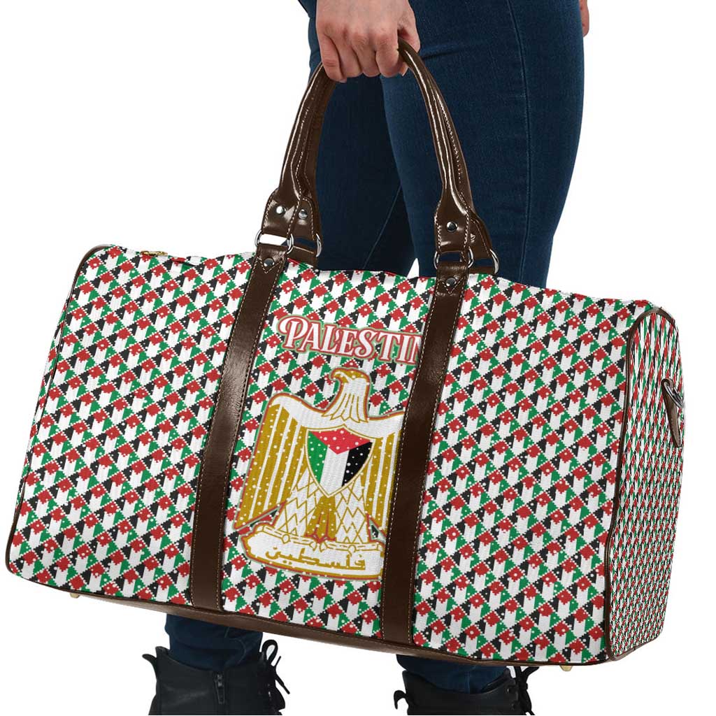 Palestine Christmas Travel Bag with Red-Green Pattern, Golden Eagle Emblem, and Jesus Holding Flag Motif - Wonder Print Shop