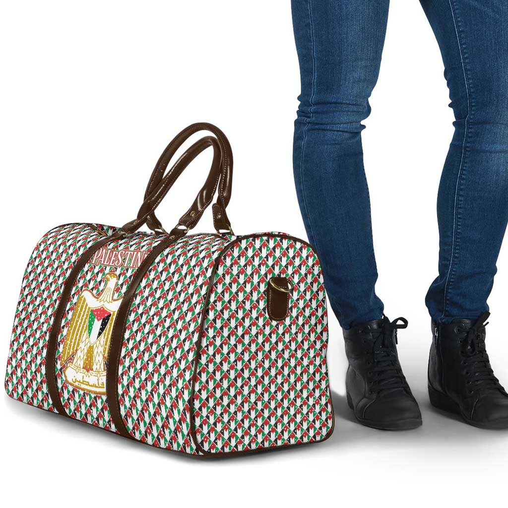 Palestine Christmas Travel Bag with Red-Green Pattern, Golden Eagle Emblem, and Jesus Holding Flag Motif - Wonder Print Shop