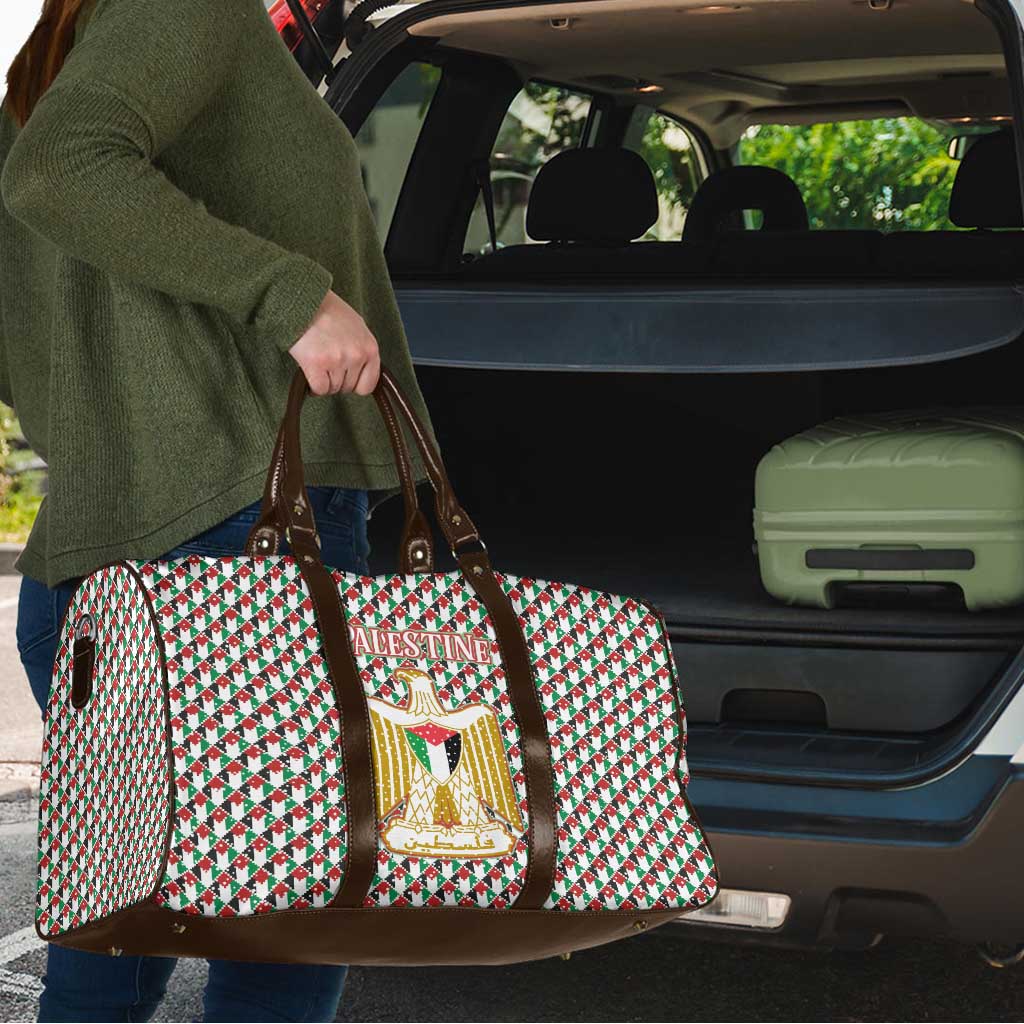 Palestine Christmas Travel Bag with Red-Green Pattern, Golden Eagle Emblem, and Jesus Holding Flag Motif - Wonder Print Shop