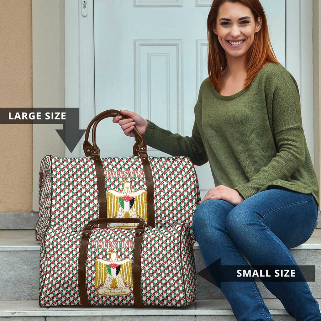 Palestine Christmas Travel Bag with Red-Green Pattern, Golden Eagle Emblem, and Jesus Holding Flag Motif - Wonder Print Shop