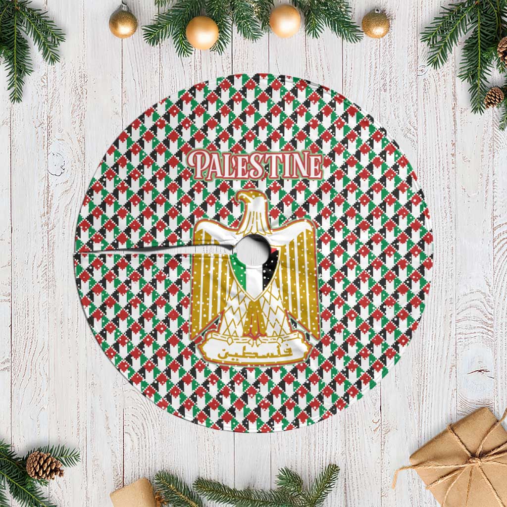 Palestine Christmas Tree Skirt with Red-Green Pattern, Golden Eagle Emblem, and Jesus Holding Flag Motif - Wonder Print Shop