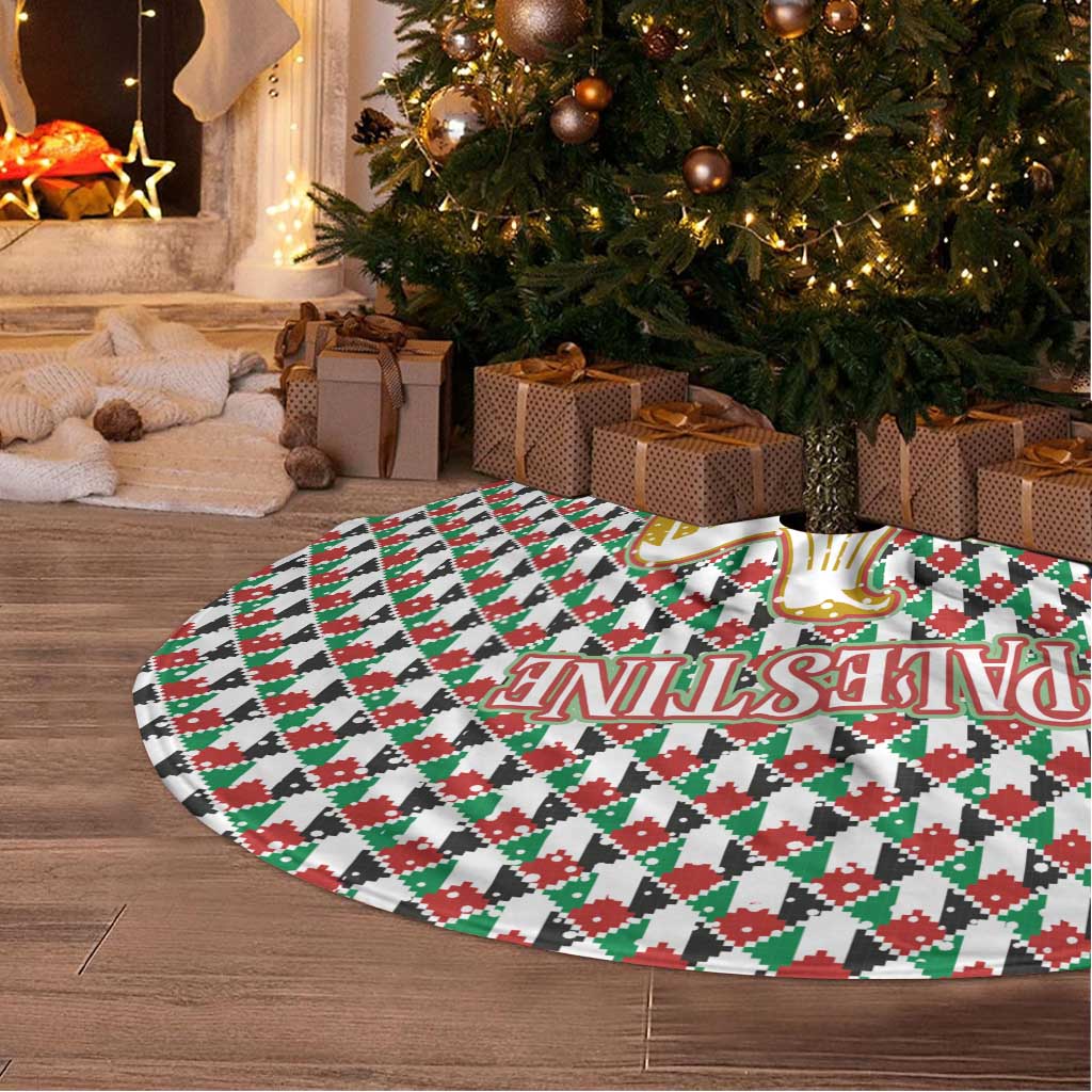 Palestine Christmas Tree Skirt with Red-Green Pattern, Golden Eagle Emblem, and Jesus Holding Flag Motif - Wonder Print Shop