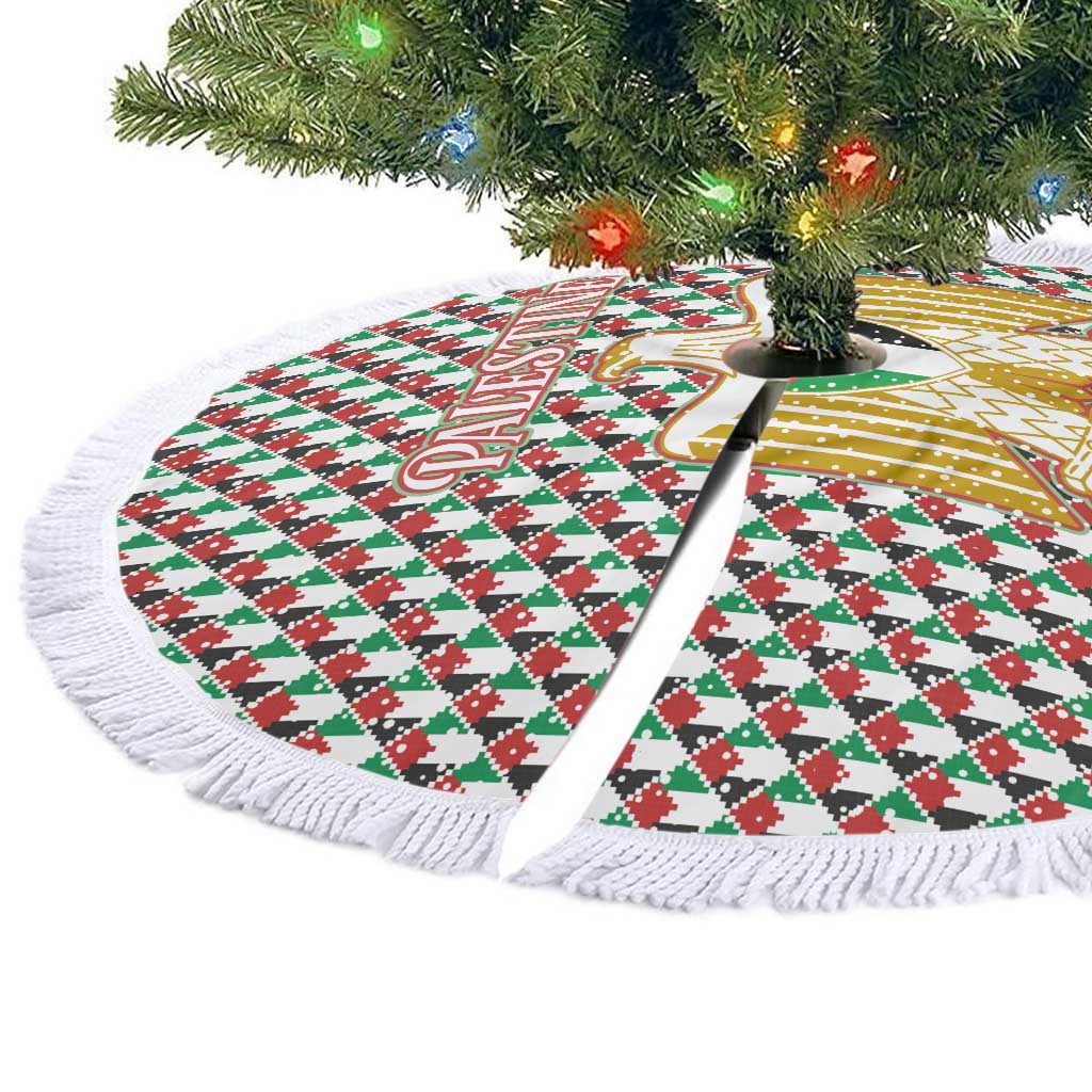 Palestine Christmas Tree Skirt with Red-Green Pattern, Golden Eagle Emblem, and Jesus Holding Flag Motif - Wonder Print Shop
