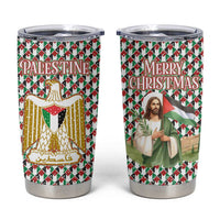 Palestine Christmas Tumbler Cup with Red-Green Pattern, Golden Eagle Emblem, and Jesus Holding Flag Motif - Wonder Print Shop