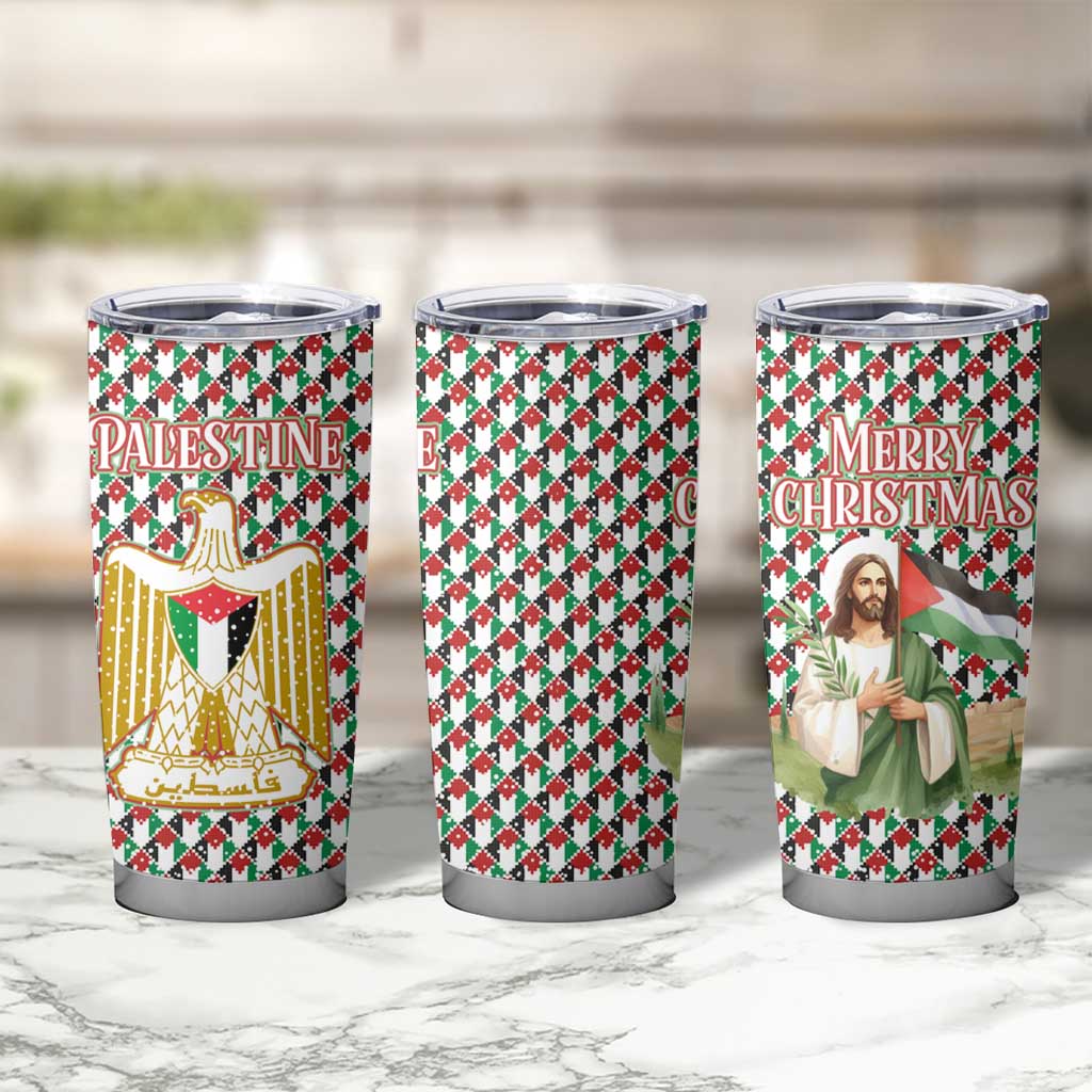Palestine Christmas Tumbler Cup with Red-Green Pattern, Golden Eagle Emblem, and Jesus Holding Flag Motif - Wonder Print Shop
