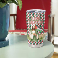 Palestine Christmas Tumbler Cup with Red-Green Pattern, Golden Eagle Emblem, and Jesus Holding Flag Motif - Wonder Print Shop