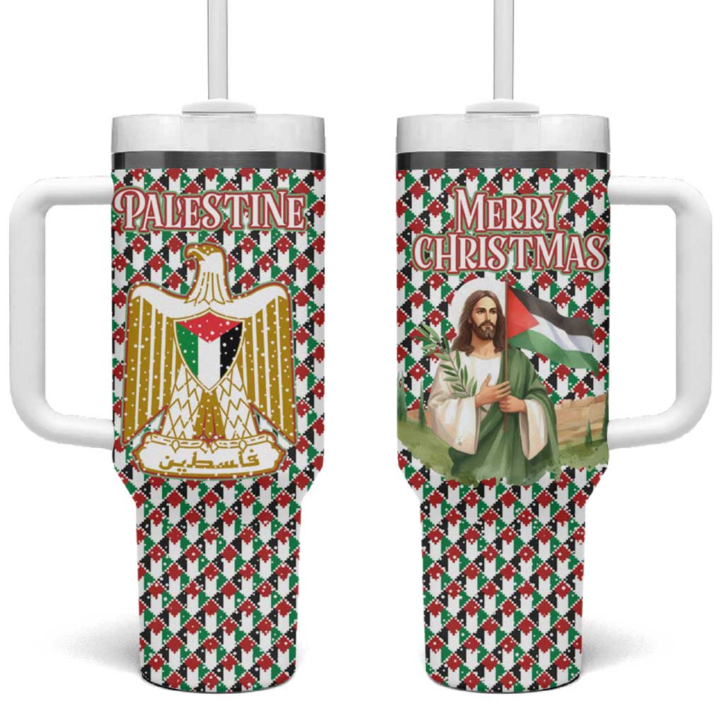 Palestine Christmas Tumbler With Handle with Red-Green Pattern, Golden Eagle Emblem, and Jesus Holding Flag Motif - Wonder Print Shop