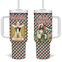 Palestine Christmas Tumbler With Handle with Red-Green Pattern, Golden Eagle Emblem, and Jesus Holding Flag Motif - Wonder Print Shop