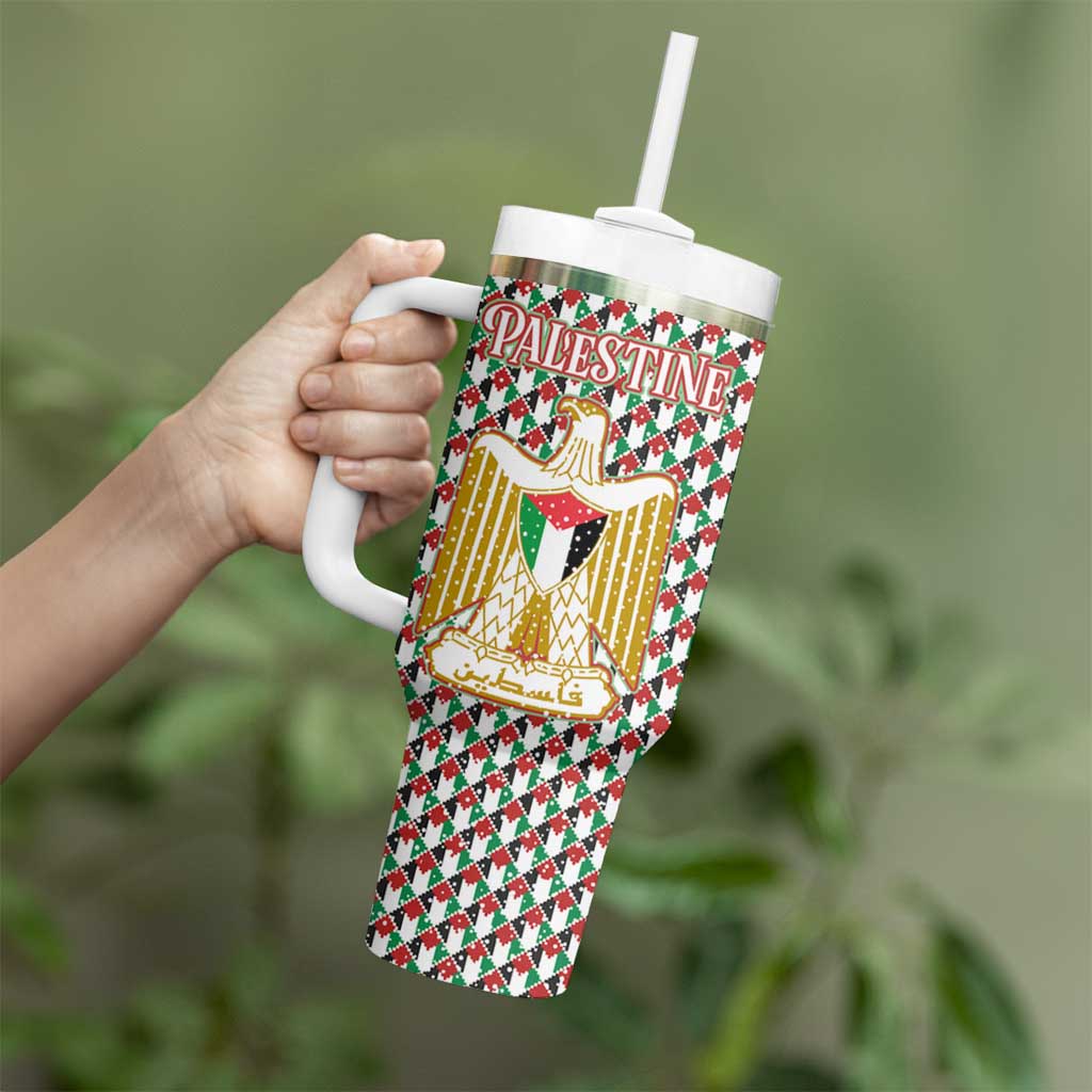 Palestine Christmas Tumbler With Handle with Red-Green Pattern, Golden Eagle Emblem, and Jesus Holding Flag Motif - Wonder Print Shop