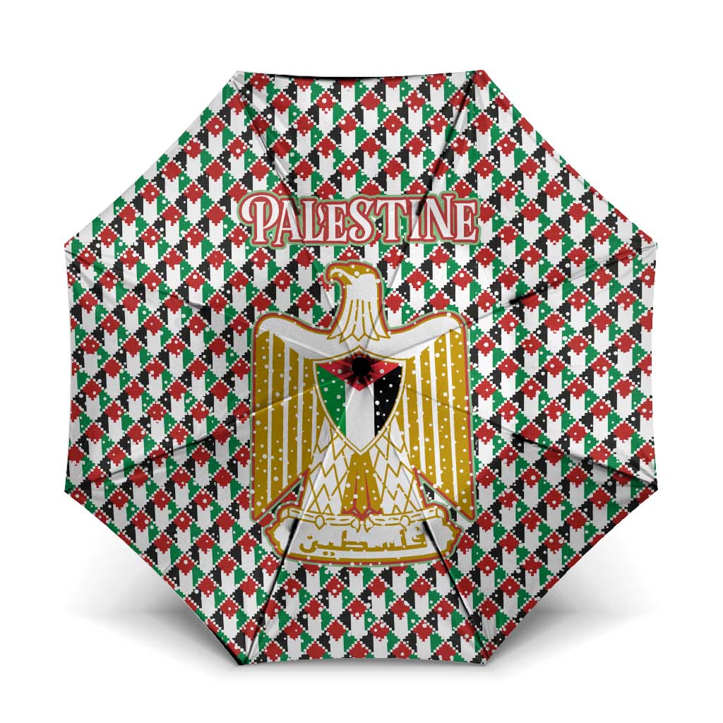 Palestine Christmas Umbrella with Red-Green Pattern, Golden Eagle Emblem, and Jesus Holding Flag Motif - Wonder Print Shop