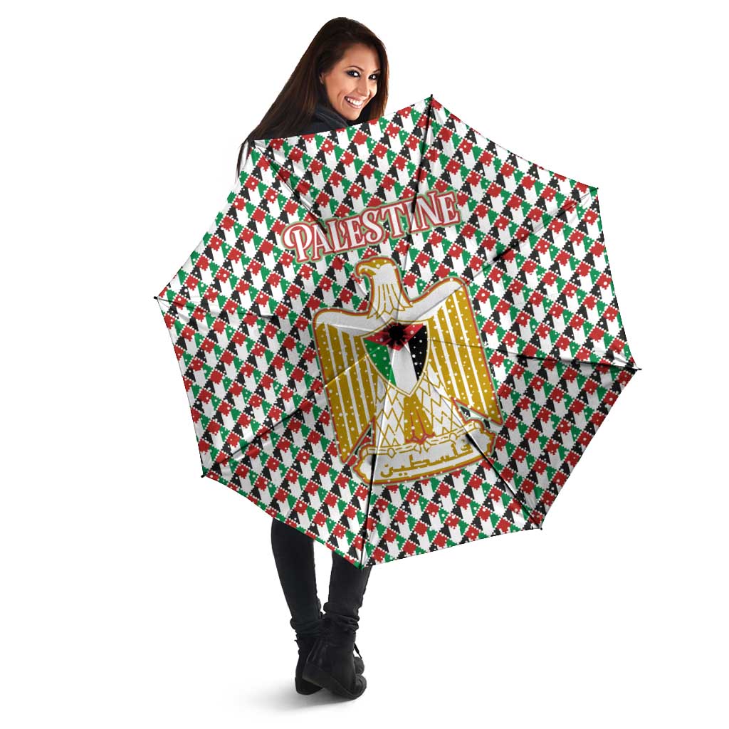 Palestine Christmas Umbrella with Red-Green Pattern, Golden Eagle Emblem, and Jesus Holding Flag Motif - Wonder Print Shop