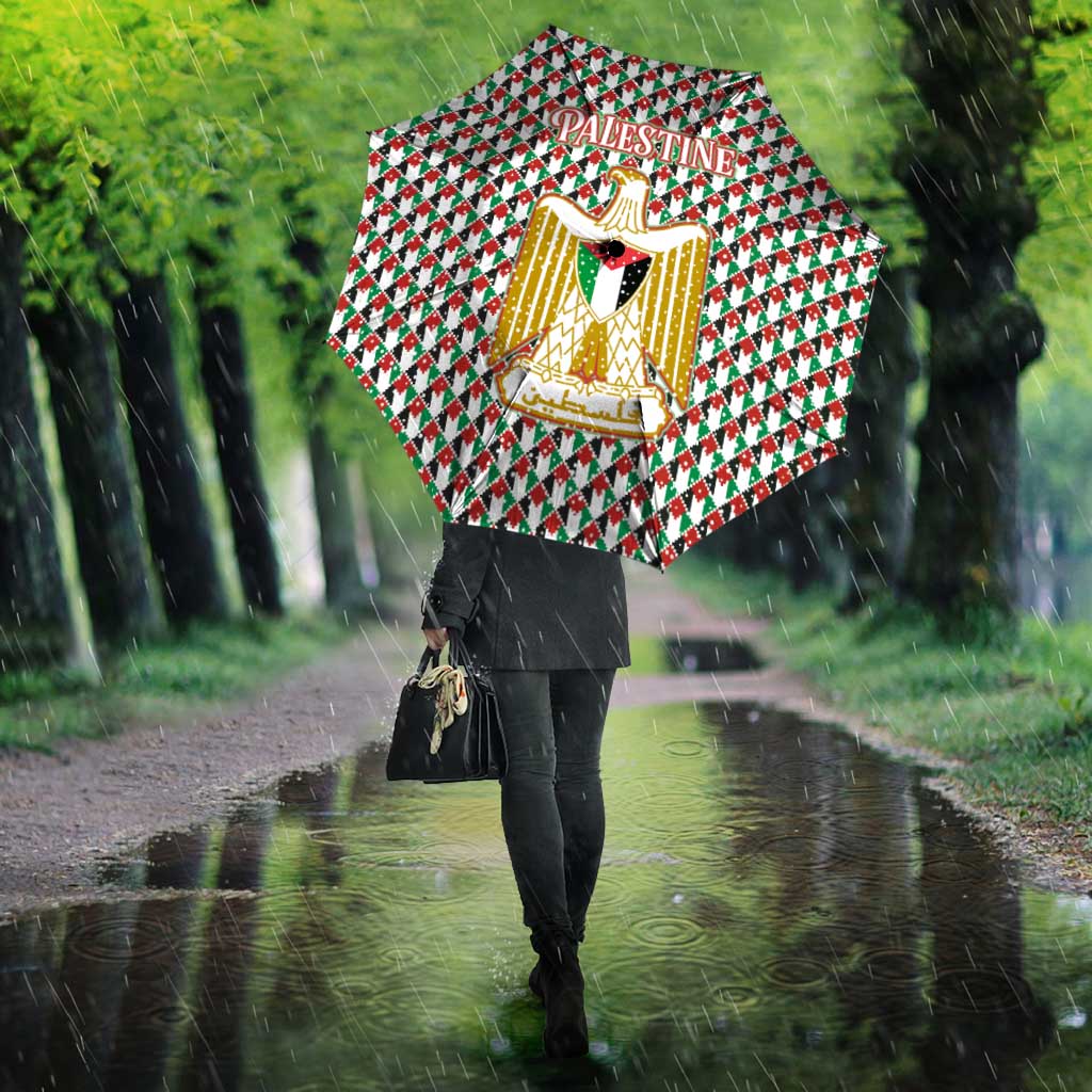 Palestine Christmas Umbrella with Red-Green Pattern, Golden Eagle Emblem, and Jesus Holding Flag Motif - Wonder Print Shop