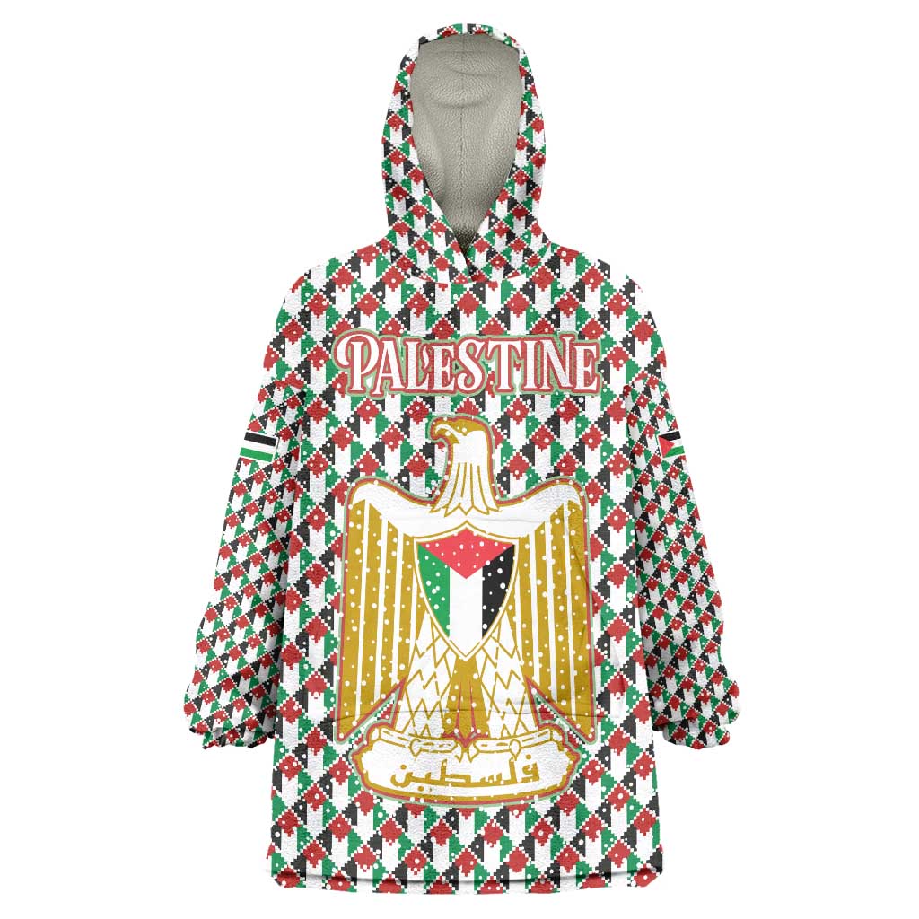 Palestine Christmas Wearable Blanket Hoodie with Red-Green Pattern, Golden Eagle Emblem, and Jesus Holding Flag Motif - Wonder Print Shop