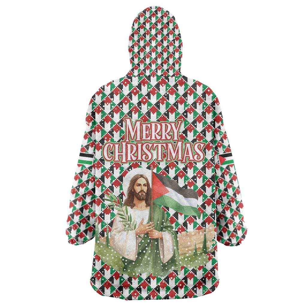 Palestine Christmas Wearable Blanket Hoodie with Red-Green Pattern, Golden Eagle Emblem, and Jesus Holding Flag Motif - Wonder Print Shop