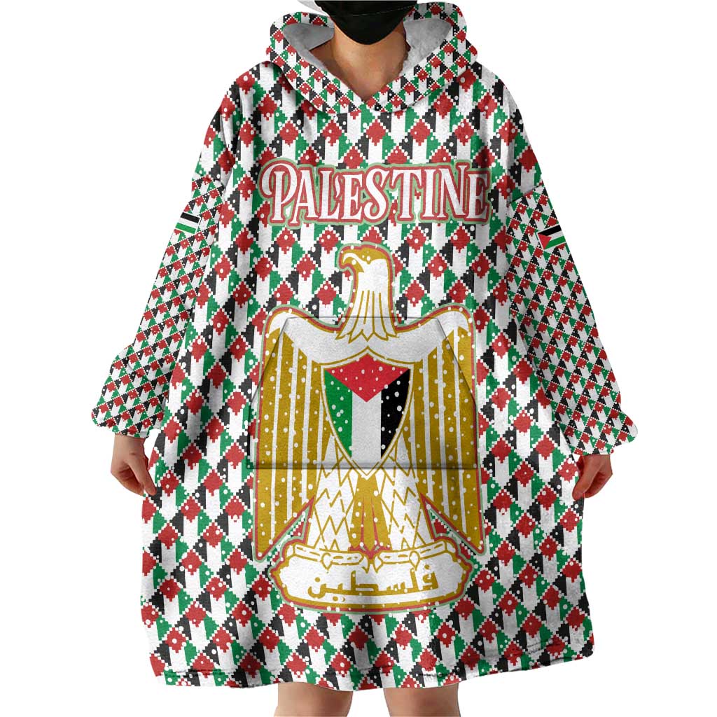 Palestine Christmas Wearable Blanket Hoodie with Red-Green Pattern, Golden Eagle Emblem, and Jesus Holding Flag Motif - Wonder Print Shop