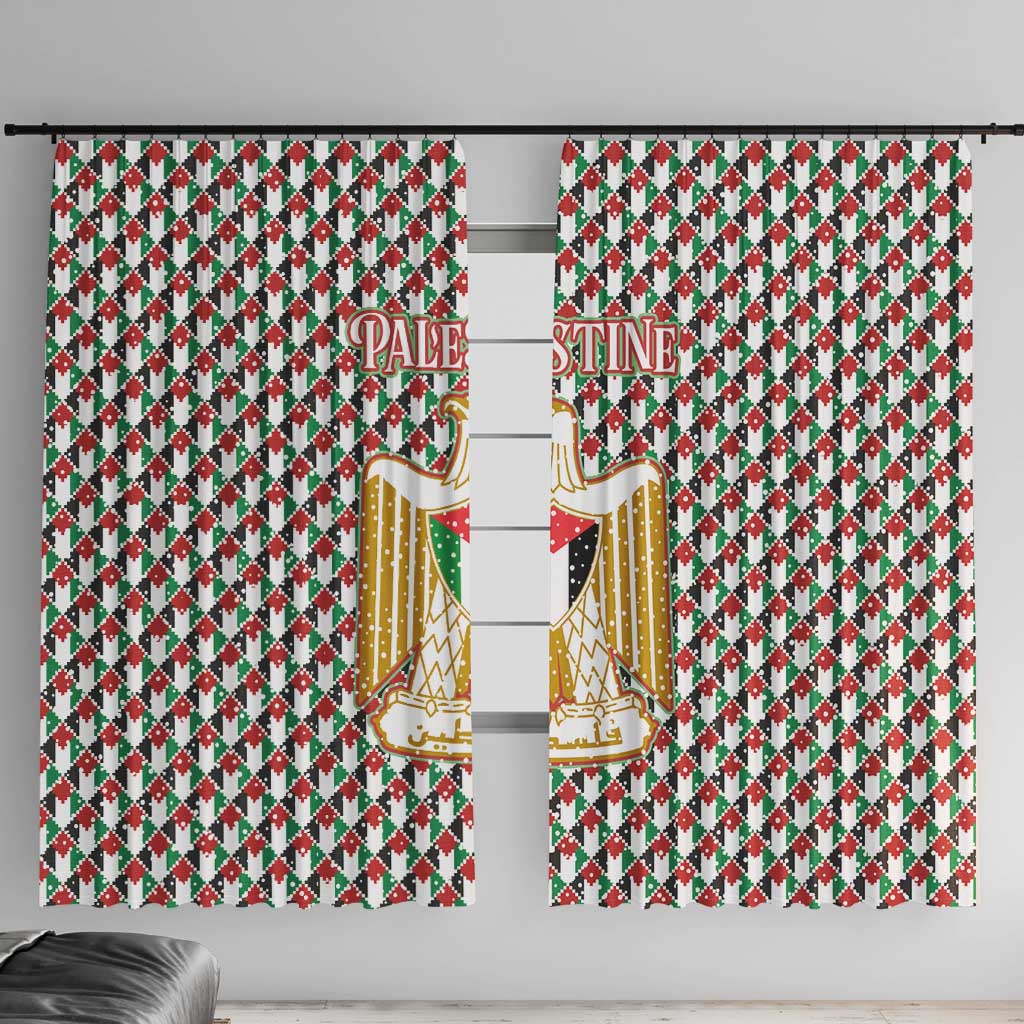 Palestine Christmas Window Curtain with Red-Green Pattern, Golden Eagle Emblem, and Jesus Holding Flag Motif - Wonder Print Shop