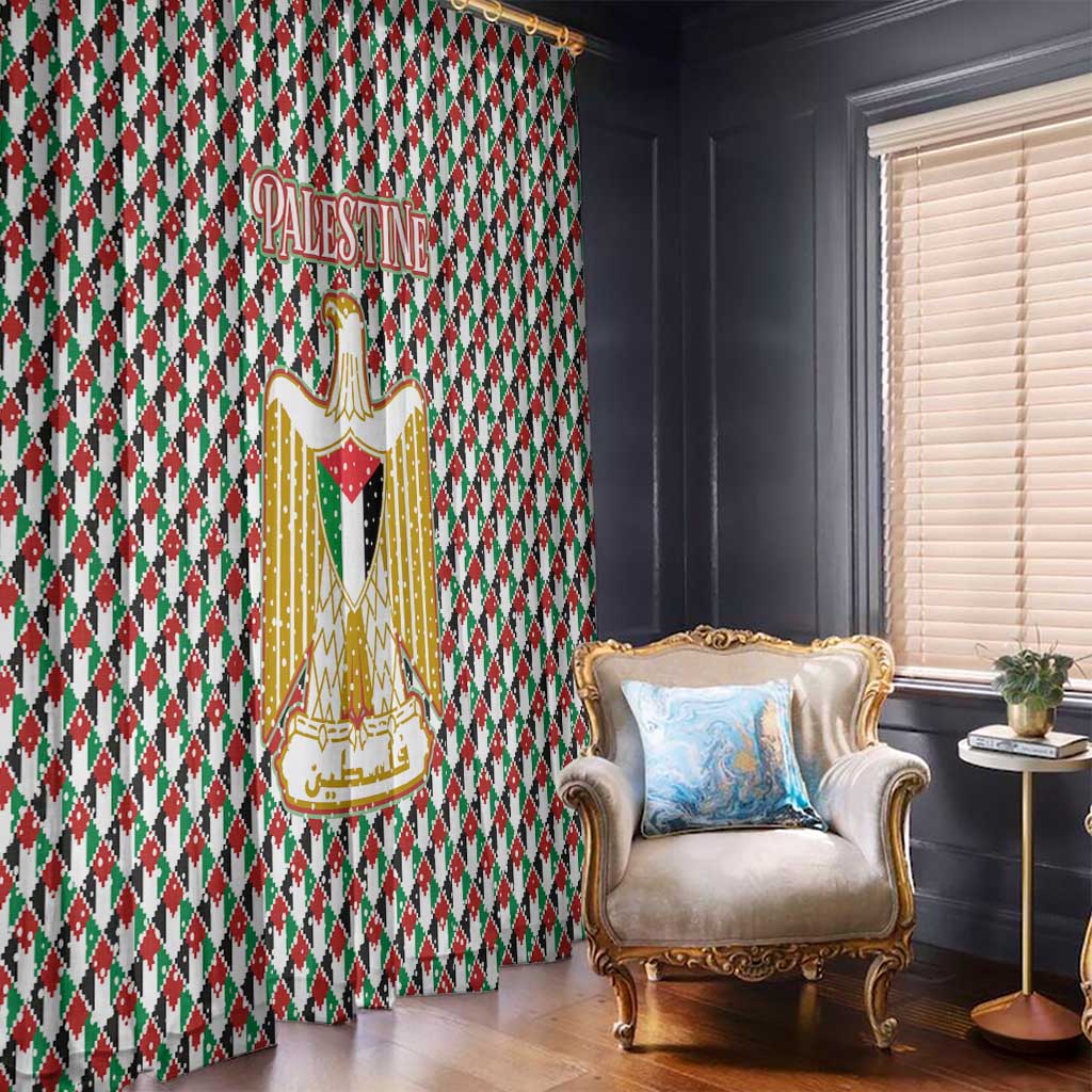 Palestine Christmas Window Curtain with Red-Green Pattern, Golden Eagle Emblem, and Jesus Holding Flag Motif - Wonder Print Shop