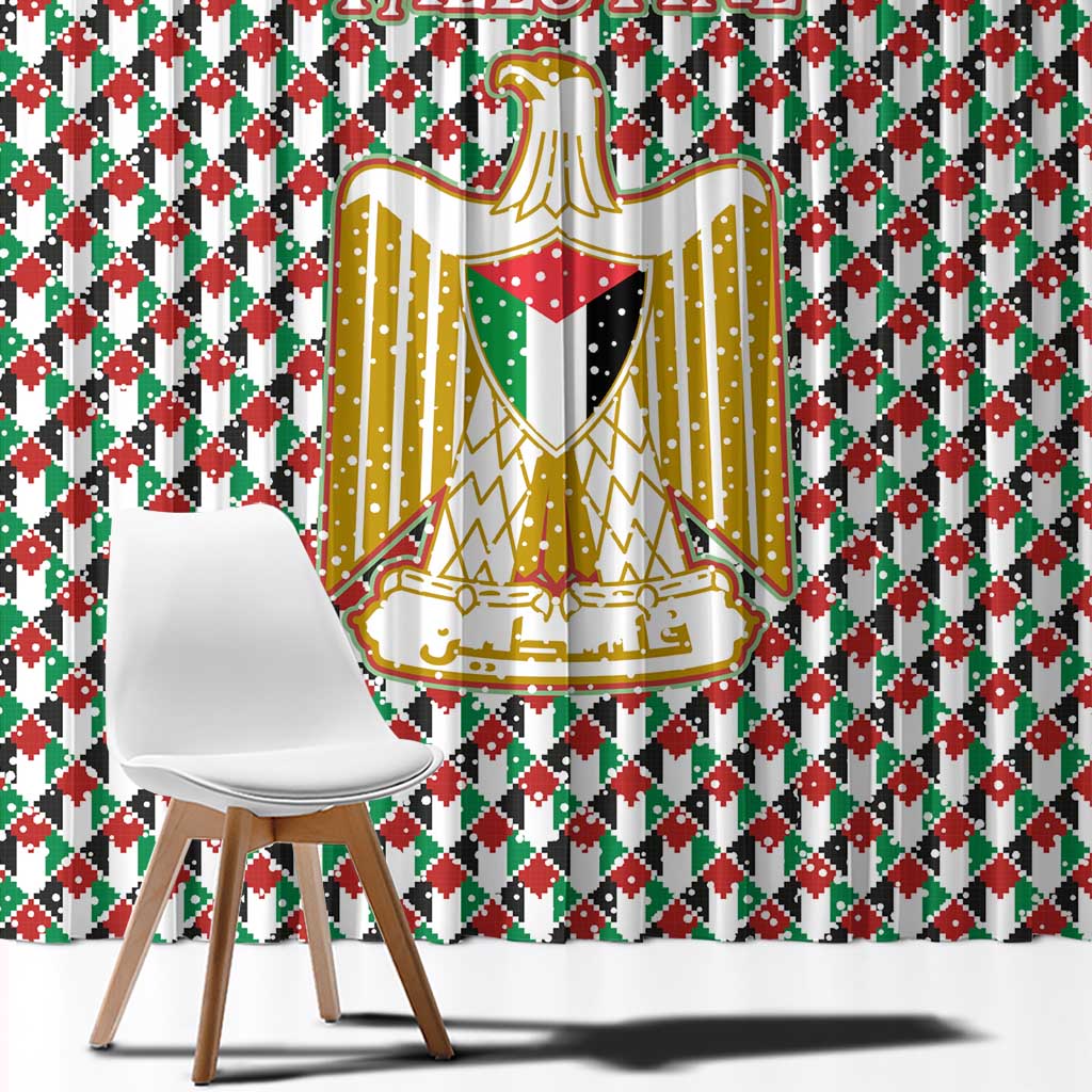 Palestine Christmas Window Curtain with Red-Green Pattern, Golden Eagle Emblem, and Jesus Holding Flag Motif - Wonder Print Shop