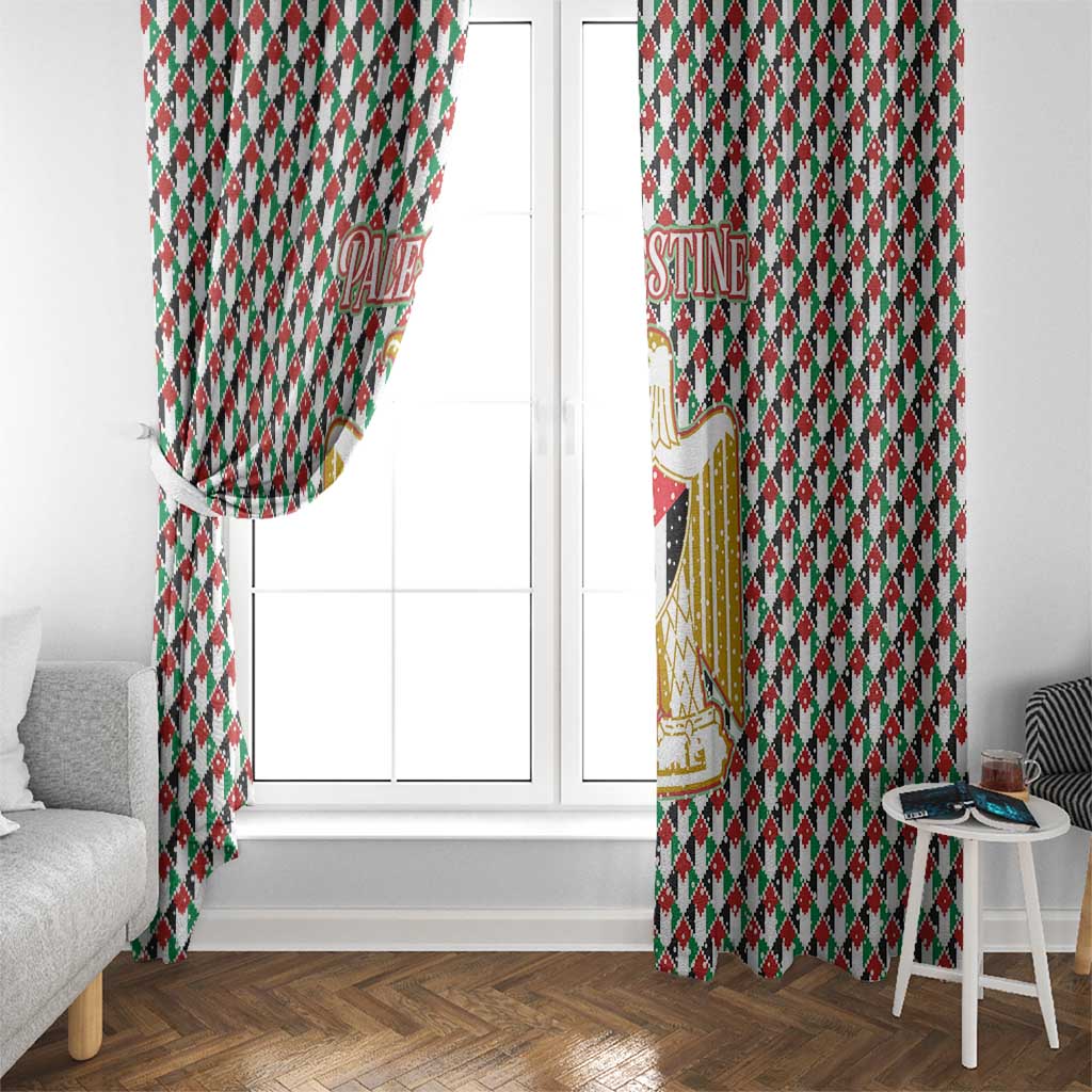 Palestine Christmas Window Curtain with Red-Green Pattern, Golden Eagle Emblem, and Jesus Holding Flag Motif - Wonder Print Shop