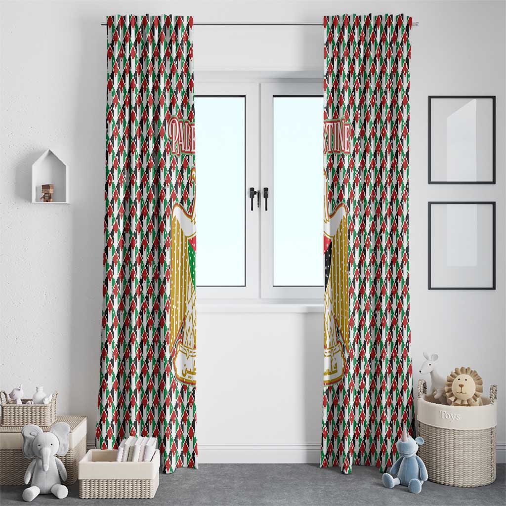 Palestine Christmas Window Curtain with Red-Green Pattern, Golden Eagle Emblem, and Jesus Holding Flag Motif - Wonder Print Shop