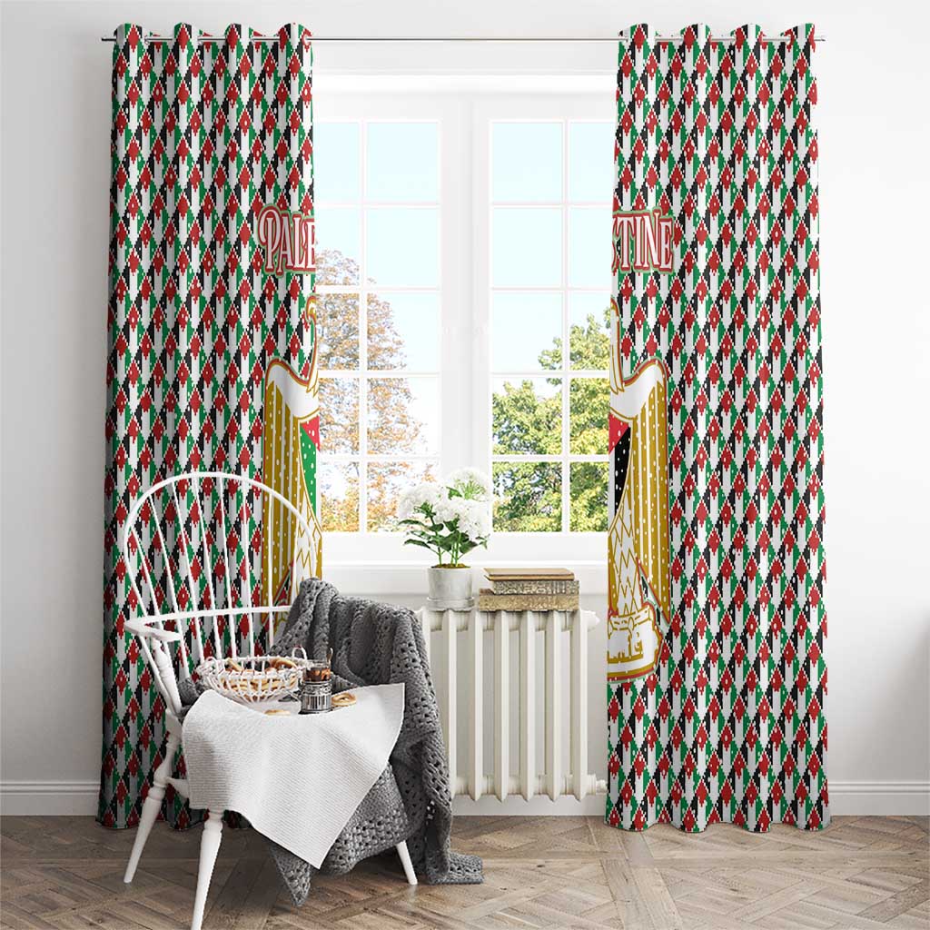 Palestine Christmas Window Curtain with Red-Green Pattern, Golden Eagle Emblem, and Jesus Holding Flag Motif - Wonder Print Shop