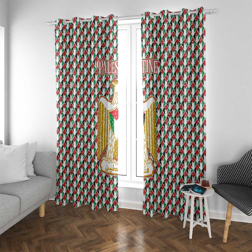 Palestine Christmas Window Curtain with Red-Green Pattern, Golden Eagle Emblem, and Jesus Holding Flag Motif - Wonder Print Shop