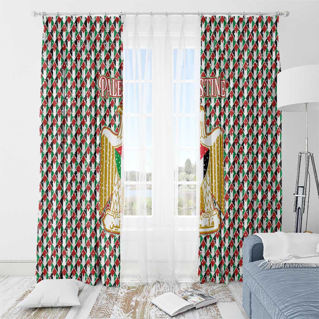 Palestine Christmas Window Curtain with Red-Green Pattern, Golden Eagle Emblem, and Jesus Holding Flag Motif - Wonder Print Shop