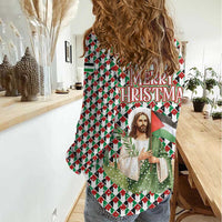 Palestine Christmas Women Casual Shirt with Red-Green Pattern, Golden Eagle Emblem, and Jesus Holding Flag Motif - Wonder Print Shop