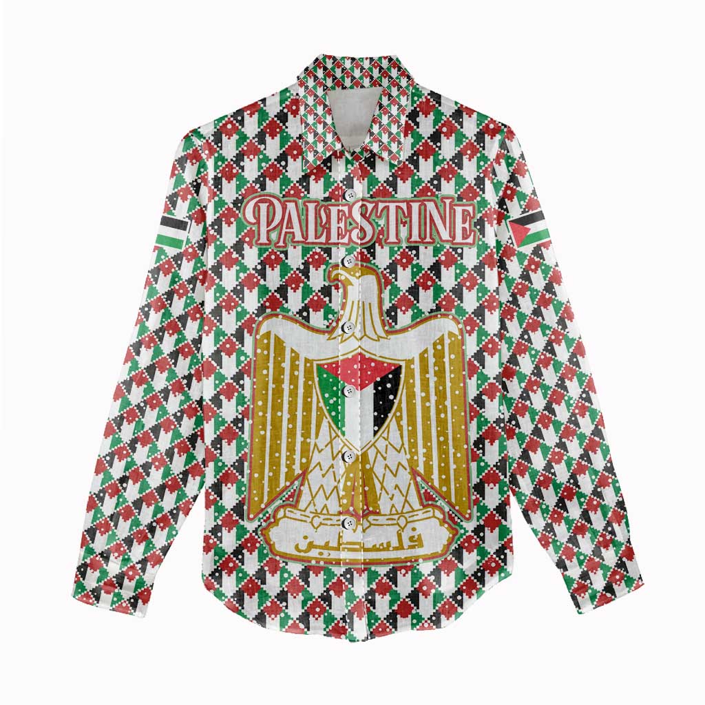 Palestine Christmas Women Casual Shirt with Red-Green Pattern, Golden Eagle Emblem, and Jesus Holding Flag Motif - Wonder Print Shop