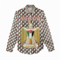 Palestine Christmas Women Casual Shirt with Red-Green Pattern, Golden Eagle Emblem, and Jesus Holding Flag Motif - Wonder Print Shop