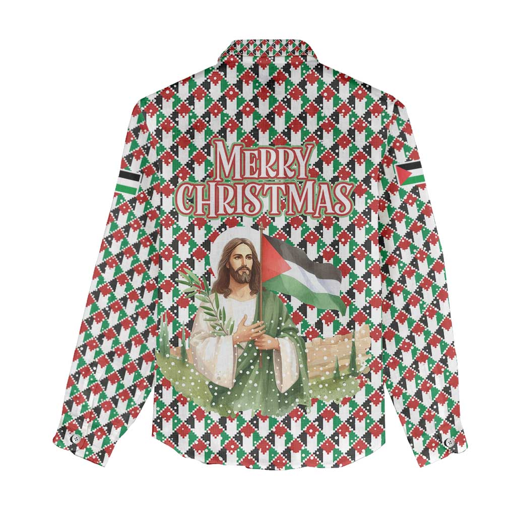 Palestine Christmas Women Casual Shirt with Red-Green Pattern, Golden Eagle Emblem, and Jesus Holding Flag Motif - Wonder Print Shop