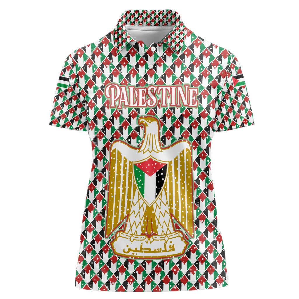 Palestine Christmas Women Polo Shirt with Red-Green Pattern, Golden Eagle Emblem, and Jesus Holding Flag Motif - Wonder Print Shop