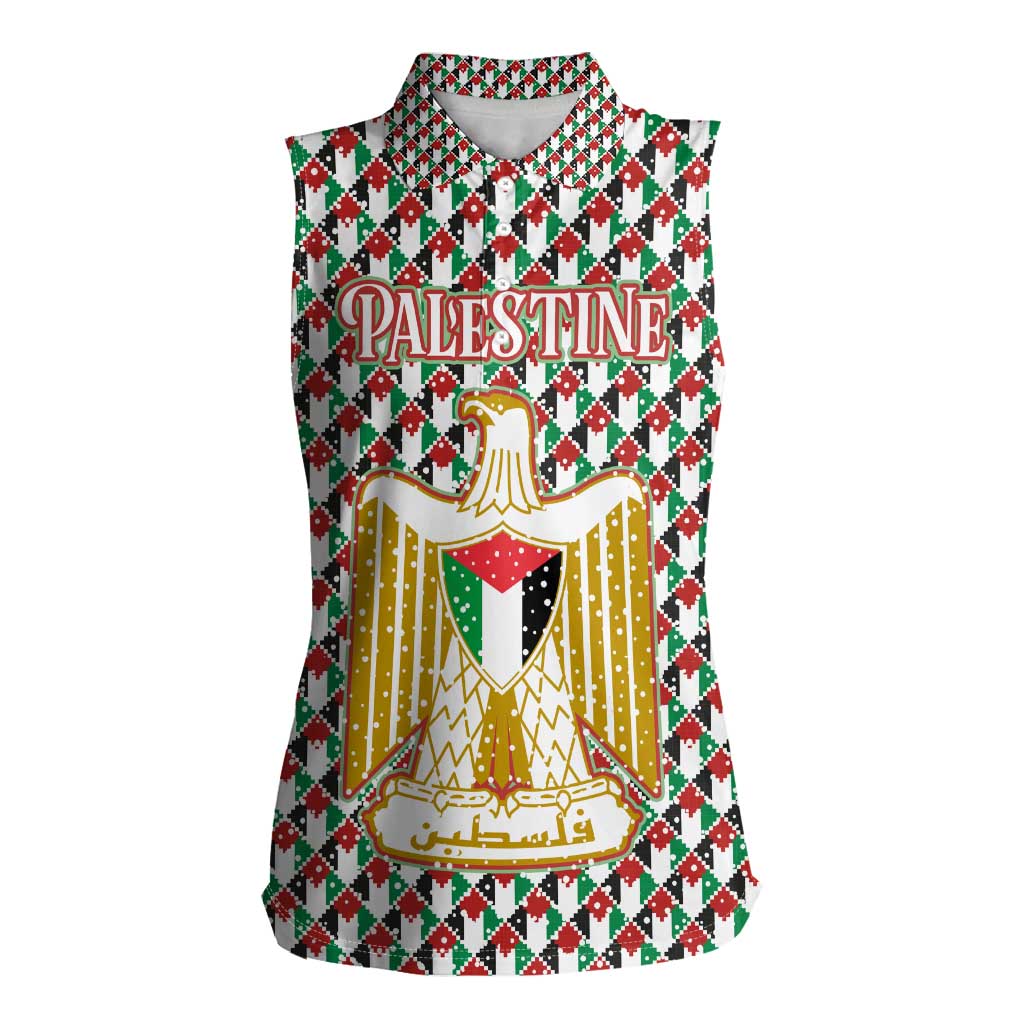 Palestine Christmas Women Sleeveless Polo Shirt with Red-Green Pattern, Golden Eagle Emblem, and Jesus Holding Flag Motif - Wonder Print Shop