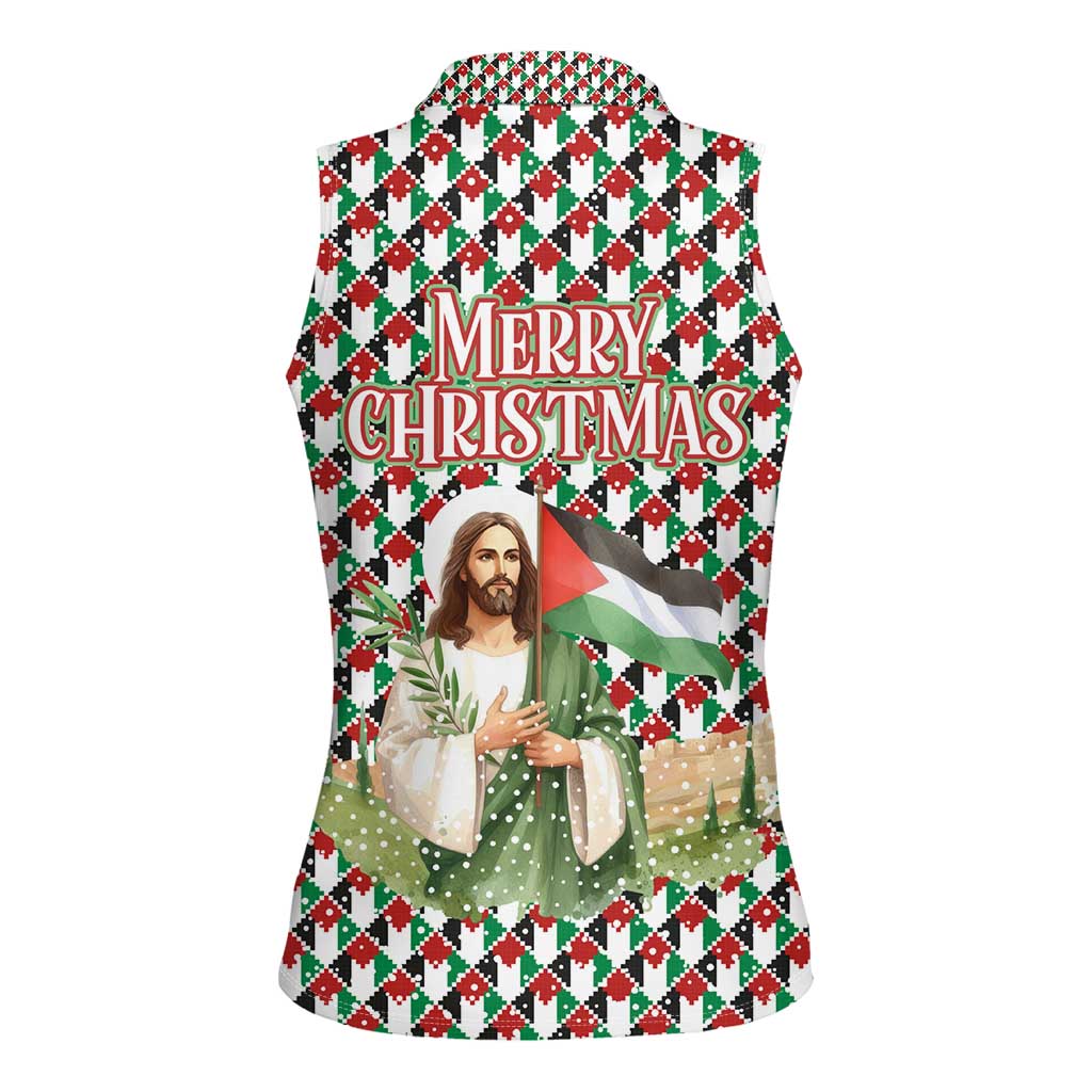 Palestine Christmas Women Sleeveless Polo Shirt with Red-Green Pattern, Golden Eagle Emblem, and Jesus Holding Flag Motif - Wonder Print Shop