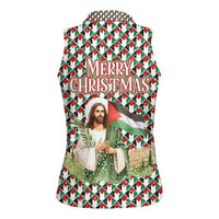 Palestine Christmas Women Sleeveless Polo Shirt with Red-Green Pattern, Golden Eagle Emblem, and Jesus Holding Flag Motif - Wonder Print Shop