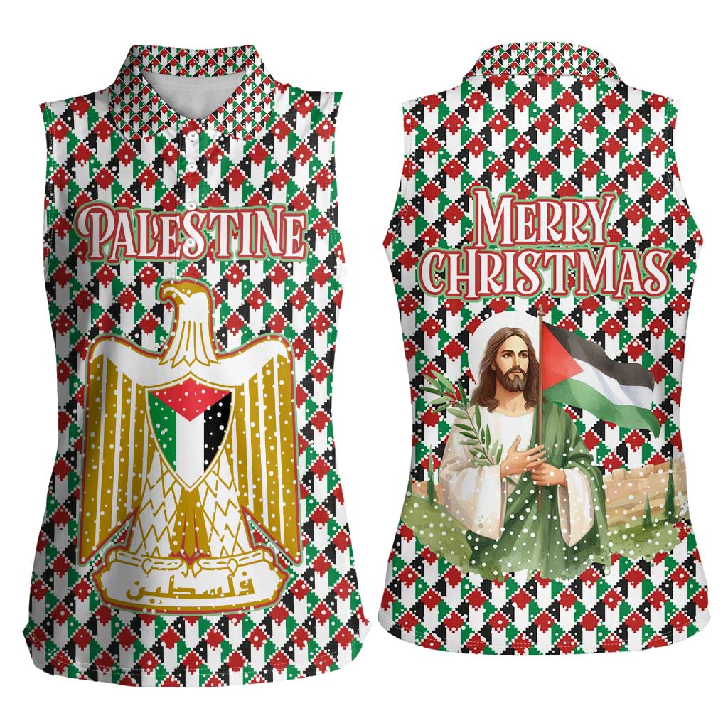 Palestine Christmas Women Sleeveless Polo Shirt with Red-Green Pattern, Golden Eagle Emblem, and Jesus Holding Flag Motif - Wonder Print Shop