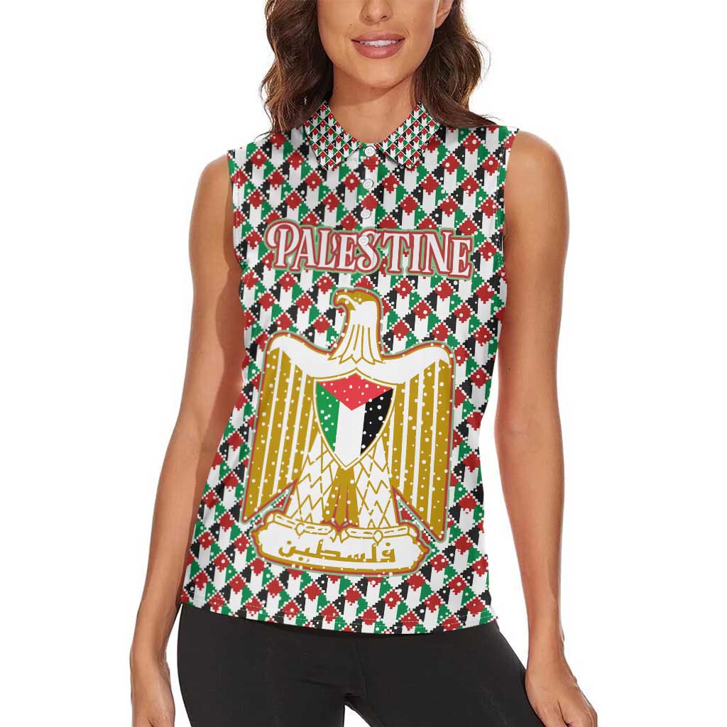 Palestine Christmas Women Sleeveless Polo Shirt with Red-Green Pattern, Golden Eagle Emblem, and Jesus Holding Flag Motif - Wonder Print Shop
