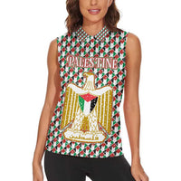 Palestine Christmas Women Sleeveless Polo Shirt with Red-Green Pattern, Golden Eagle Emblem, and Jesus Holding Flag Motif - Wonder Print Shop