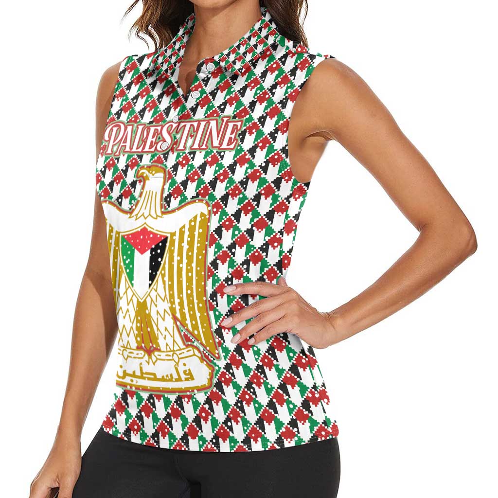 Palestine Christmas Women Sleeveless Polo Shirt with Red-Green Pattern, Golden Eagle Emblem, and Jesus Holding Flag Motif - Wonder Print Shop