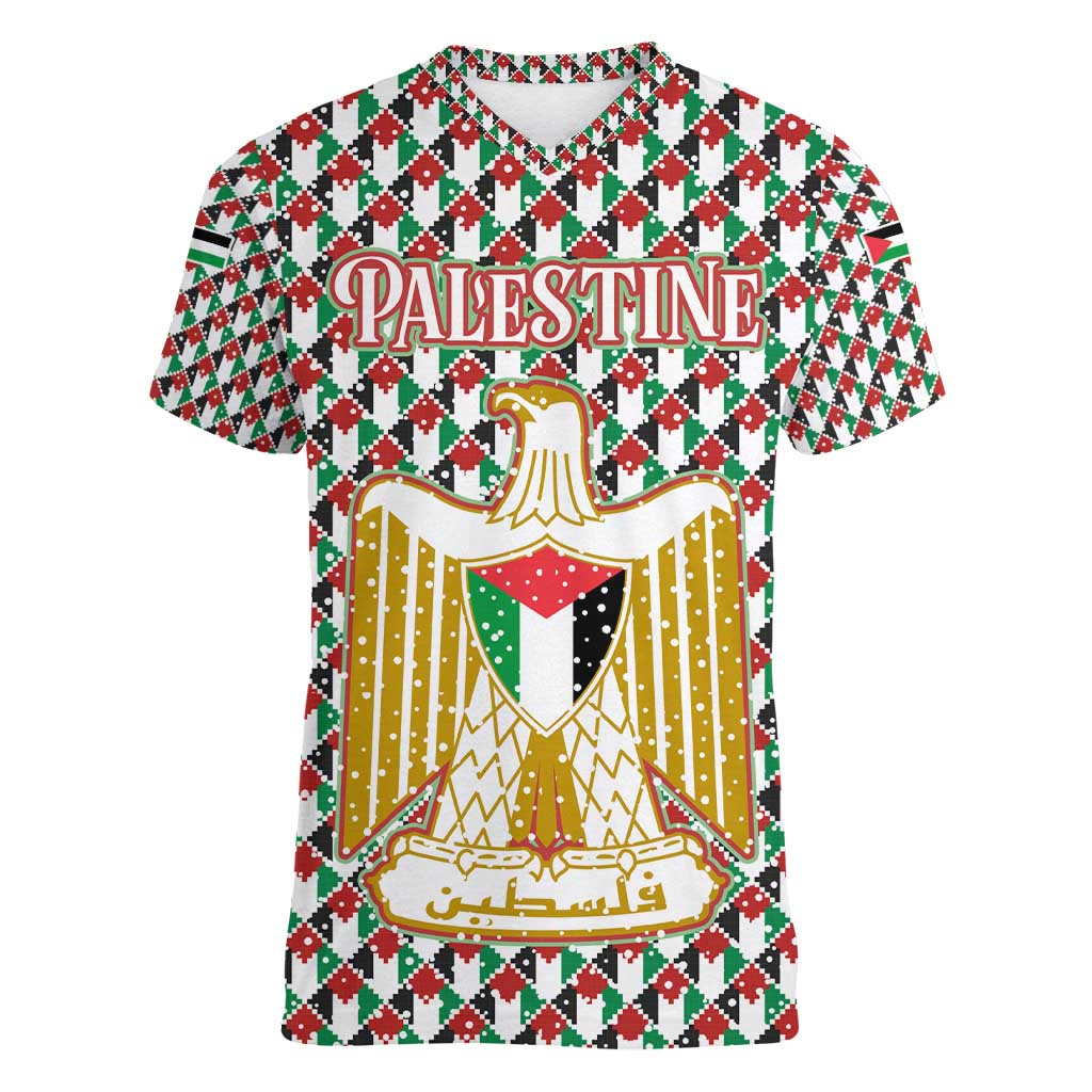 Palestine Christmas Women V-Neck T-Shirt with Red-Green Pattern, Golden Eagle Emblem, and Jesus Holding Flag Motif - Wonder Print Shop