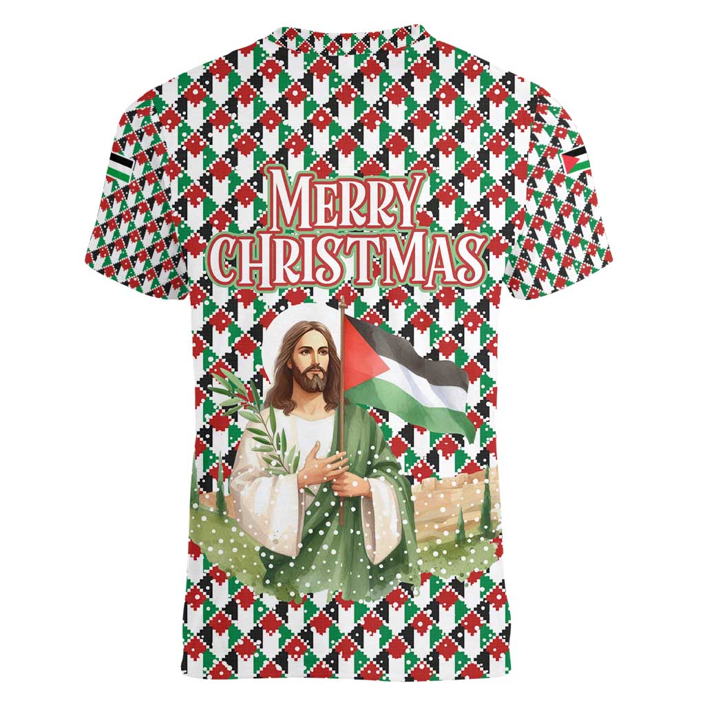 Palestine Christmas Women V-Neck T-Shirt with Red-Green Pattern, Golden Eagle Emblem, and Jesus Holding Flag Motif - Wonder Print Shop