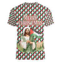 Palestine Christmas Women V-Neck T-Shirt with Red-Green Pattern, Golden Eagle Emblem, and Jesus Holding Flag Motif - Wonder Print Shop